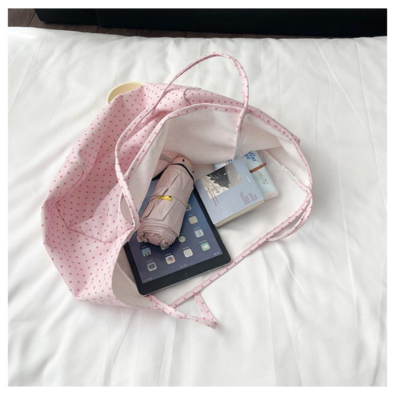 Large Capacity Canvas Tote Bag for Women Polka Dot Student School Commuting Korean Style Literary Shoulder Bag