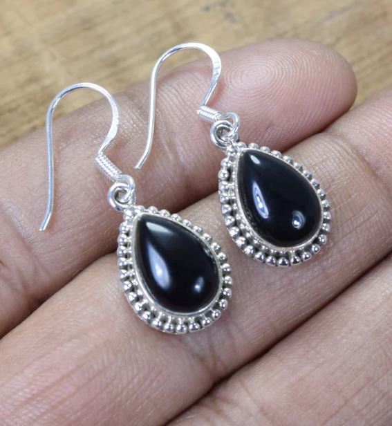 Solid 925 Sterling Silver Black Onyx Gemstone Bohemian Earrings Gift For her Bezel Earrings
