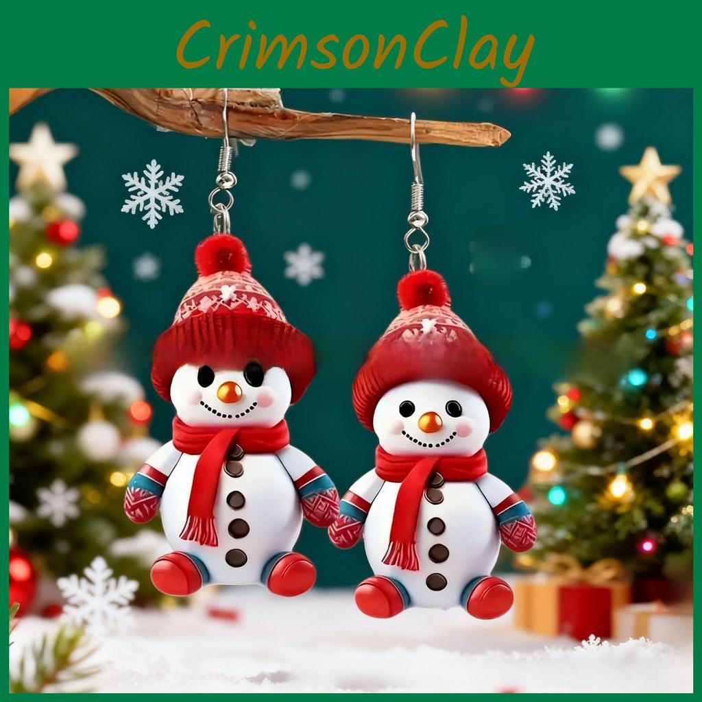 Christmas Snowman Acrylic Cartoon Earrings With Red Scarf And Hat For Holiday Party Wear