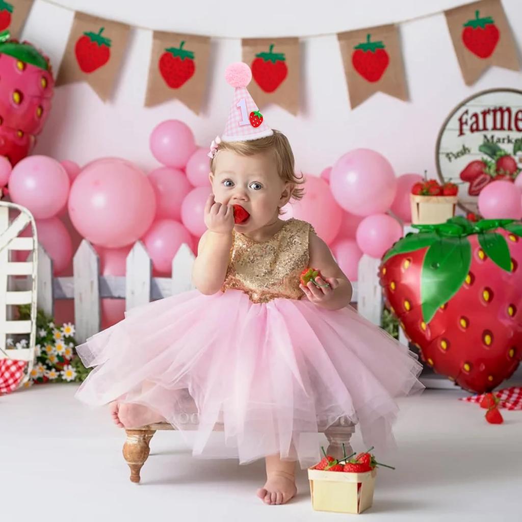 Strawberry 1st Birthday Hat - Girl Sweet One Birthday Decorations, Girls Pink First Birthday Crown, Strawberry Theme Cake Smash Props, Berry Sweet