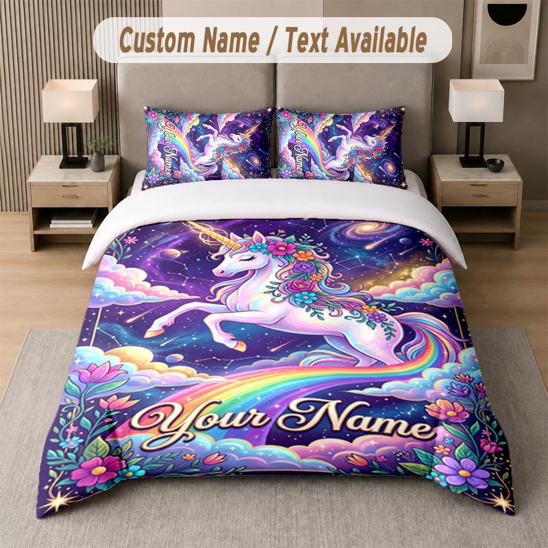 Unicorn Theme Custom Text Or Name 3Pcs Bedding Set 1 Flat Sheet & 2 Pillowcases Personalized Home Bedding