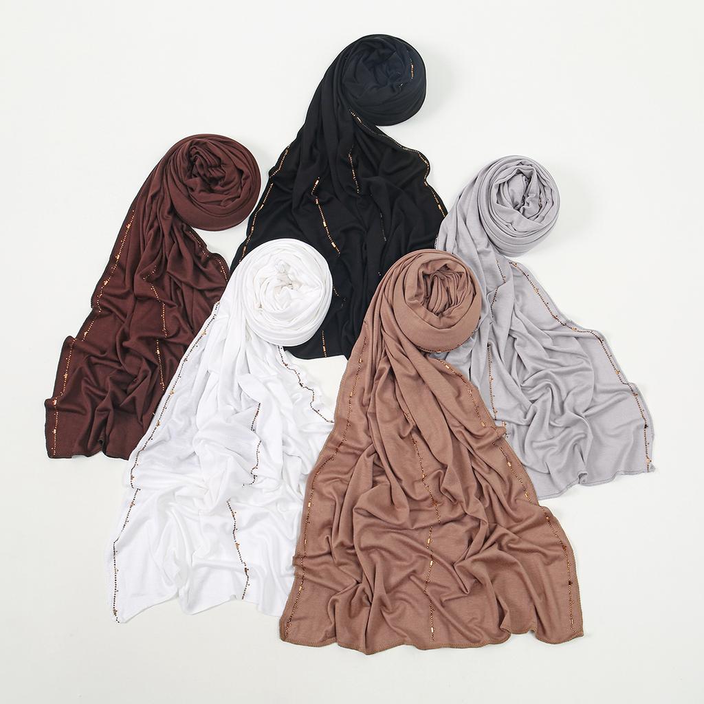 Muslimischer Jersey Hijab Schal Schimmer Strasskante Kopftuch Damen Premium Baumwolljersey Schal Luxus Design Turban Einfarbige Wickeltücher