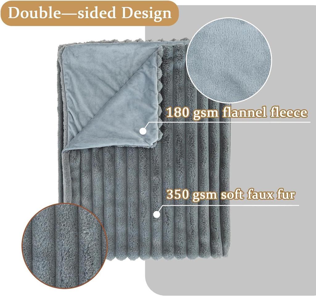 Ultra-Soft Faux Rabbit Fur Striped Throw Blanket - Double-Layered for Warmth, Ideal for Sofa or Bedroom.