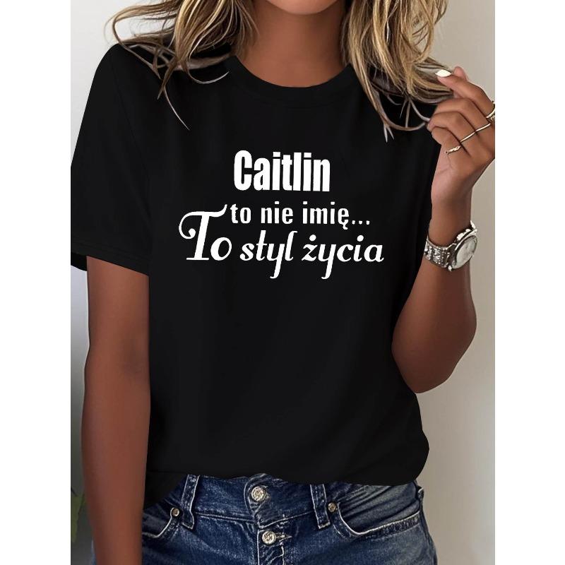 Plus Size, Letter Print Plus Size Women s T-shirt, Short Sleeve Crew Neck Casual Top for Summer & Spring, Women s Clothing S чёрный