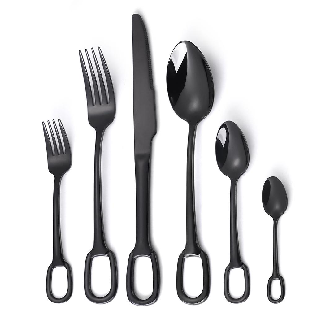 Cutlery 304 Stainless Steel Spoon Circular Ring Hotel Steak Knife Fork Spoon Titanium Plated European Style Hanging Hole Fork Tea Spoon