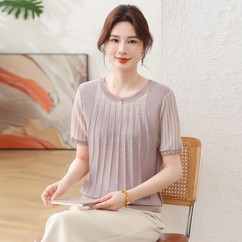 Fashionable Summer Ice Silk Short Sleeve Knit T-shirt for Middle-aged & Plus Size Women