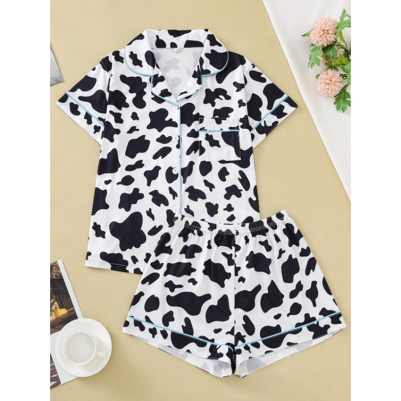 Two-piece set of women's pajamas lapel top and trousers cow pattern summer casual women's pajamas home wear