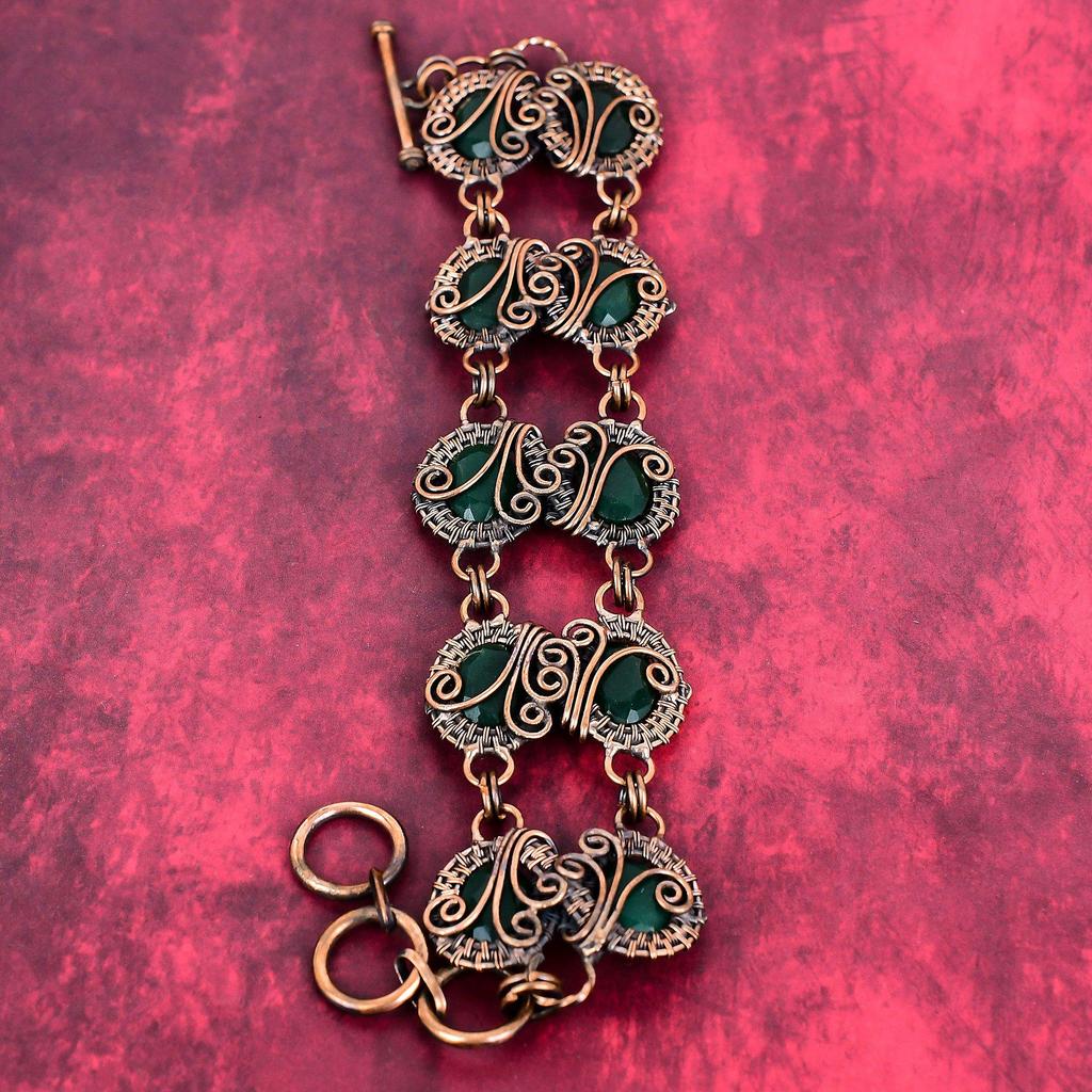 Faceted zambian emerald bracelet copper wire wrapped adjustable chain bracelet gemstone jewelry handmade bracelet for gifts copper jewelry