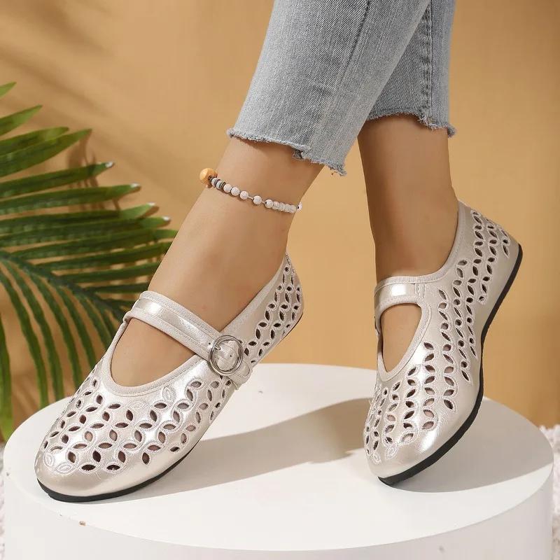 Fashion 2025 Ladies Shoes Buckle Strap Women's Flats Fashion Shallow Casual Plus Size New Hollow Out Light Best Seller Flat Low Heels