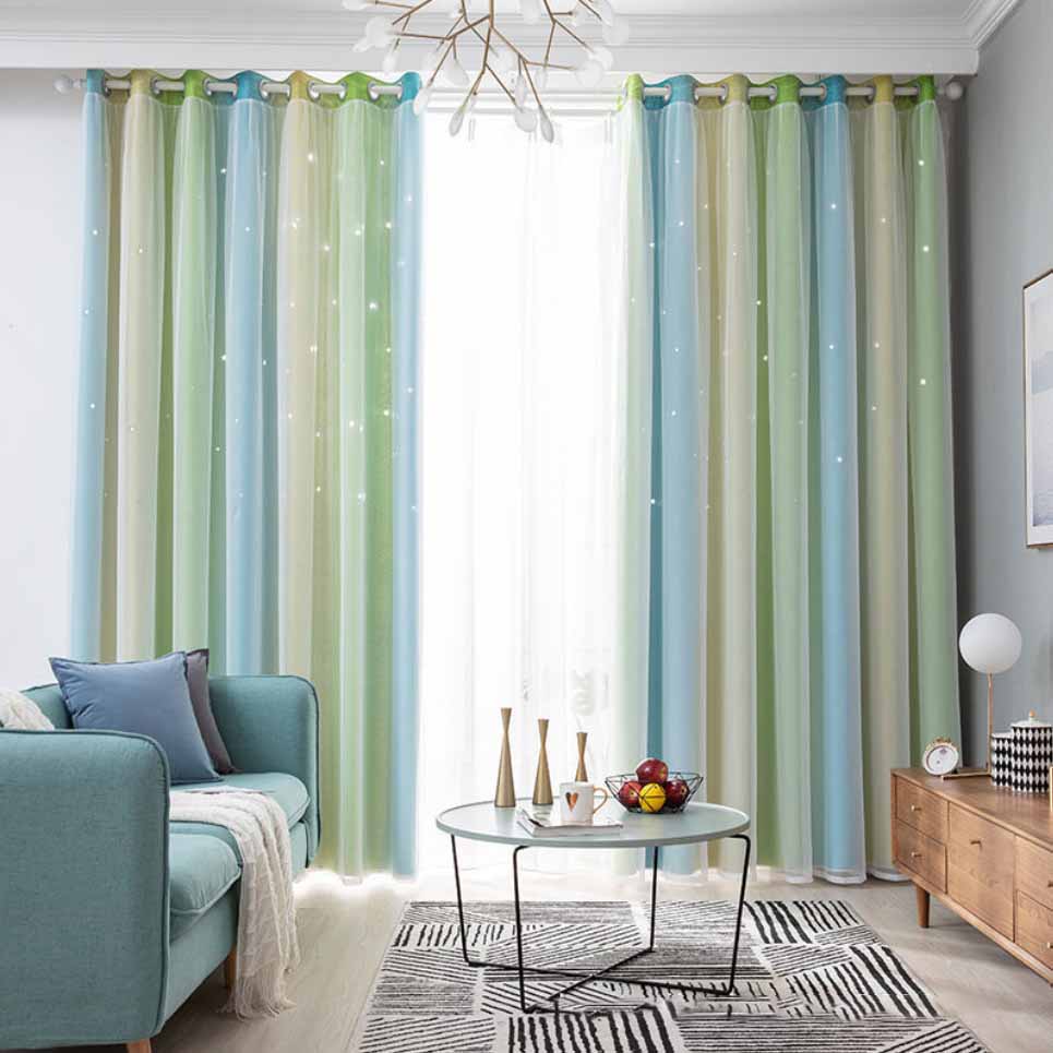 Gradient Striped Blackout Curtains Dual-Layer Sheer & Fabric Grommet Top All-in-One Window Drapes Home Decor