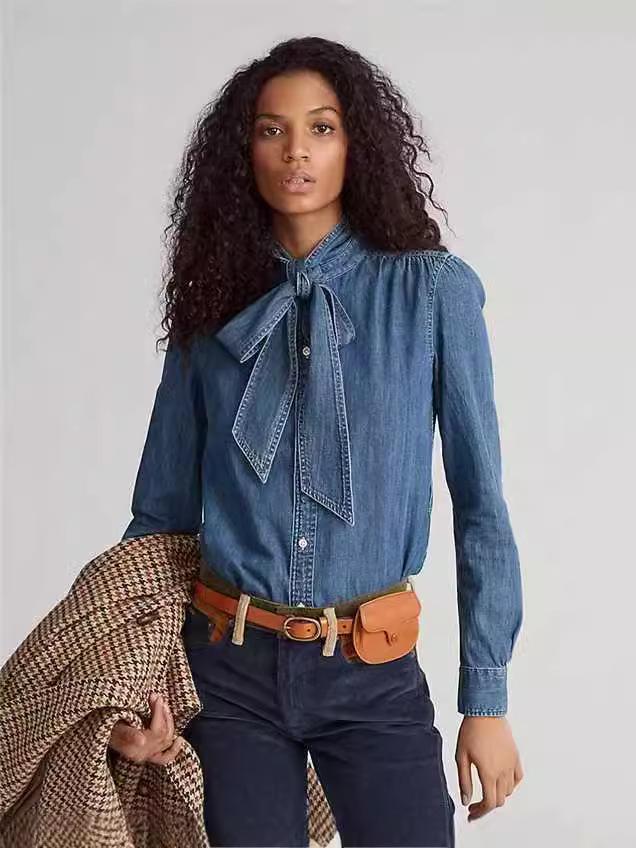 2024 European & American Bow Tie Long Sleeve Casual Denim Turn-Down Collar Shirt