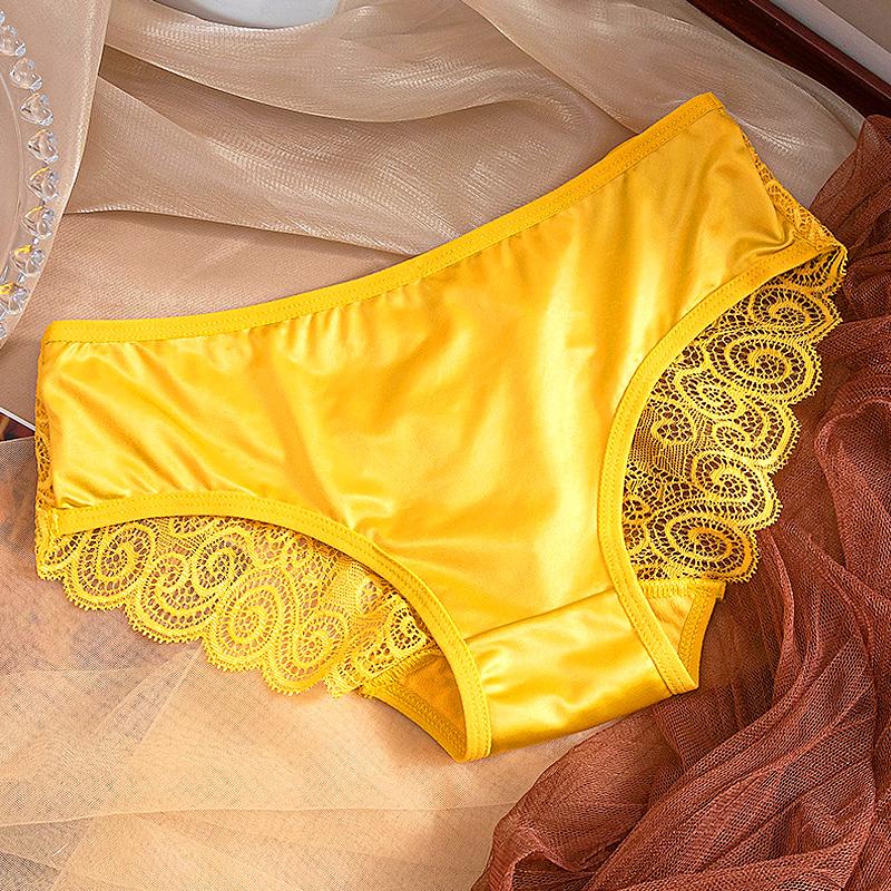 Women Bowknot Mid Waist Satin Panties Solid Color Spaghetti Strap Lace Briefs Hollow Out Seamless