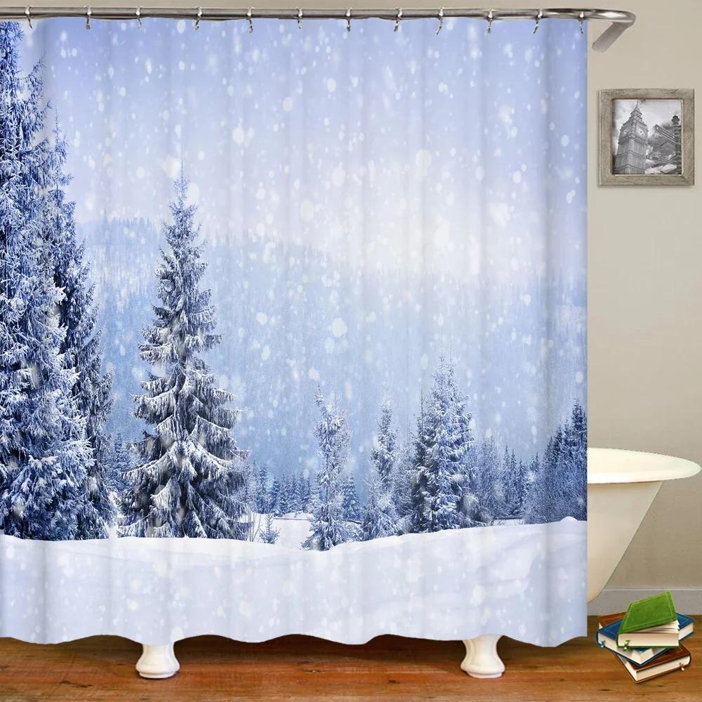 Natural landscape Snowflake Cedar Tree Shower Curtains Bathroom Curtain Frabic Waterproof Polyester Bath Curtain with Hooks