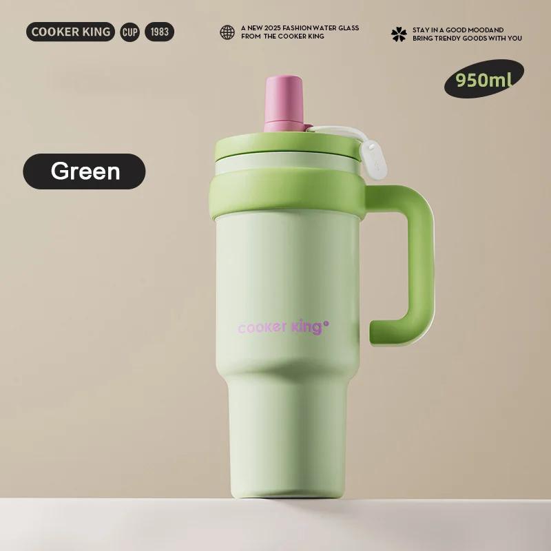 

COOKER KING 950ml Stainless Steel Insulated Cup Straw Thermos Cup Large Capacity Travel Car Coffee Mug for Hot or Cold Drinks 950ml зелений