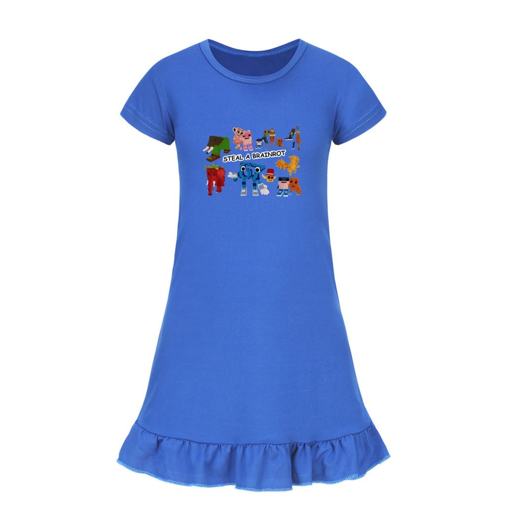 5214 Kids Girls Steal a Brainrot 67 Six Seven Printed Ruffle Short Sleeves Casual Dress