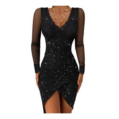 Vestido de noche para mujer, con dobladillo dividido irregular, plisado, ajustado, con encaje, escote en V, sin mangas, manga larga, un hombro, con lentejuelas, para fiesta de graduación