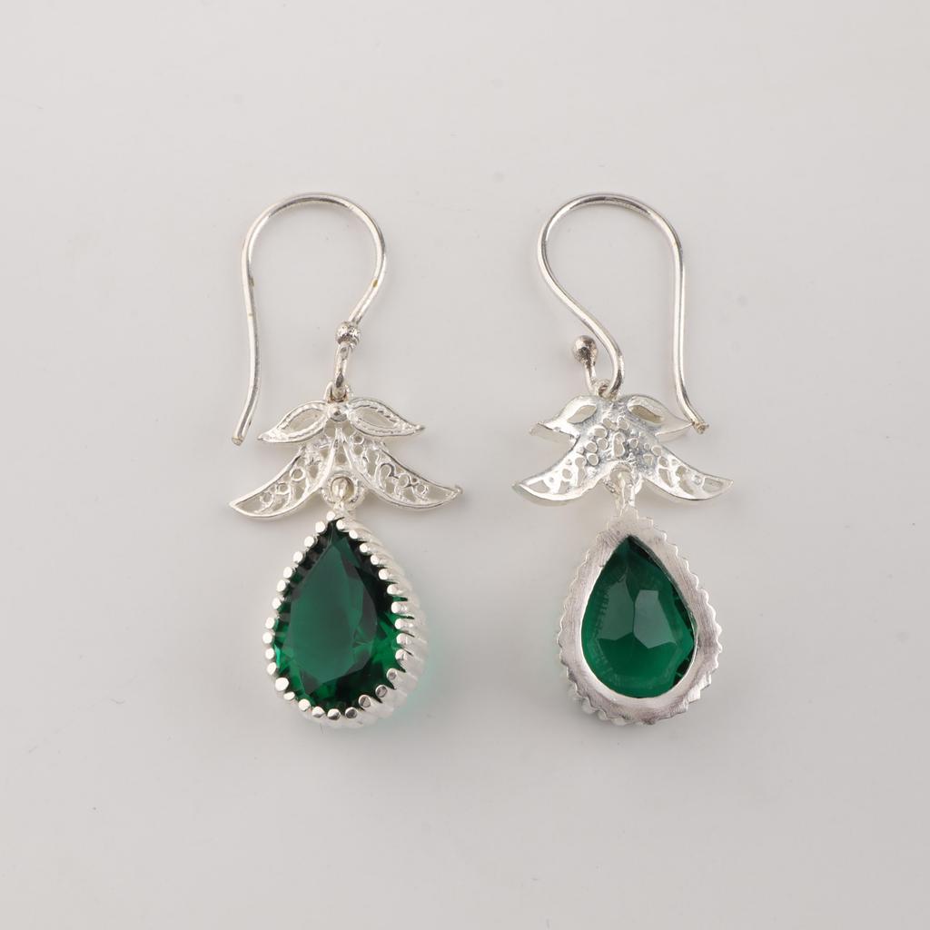 Bijoux Boucles d'Oreilles Crochets Faits Main en Argent Sterling 925 Pierre Précieuse Émeraude Verte 1.84" CE-27-12
