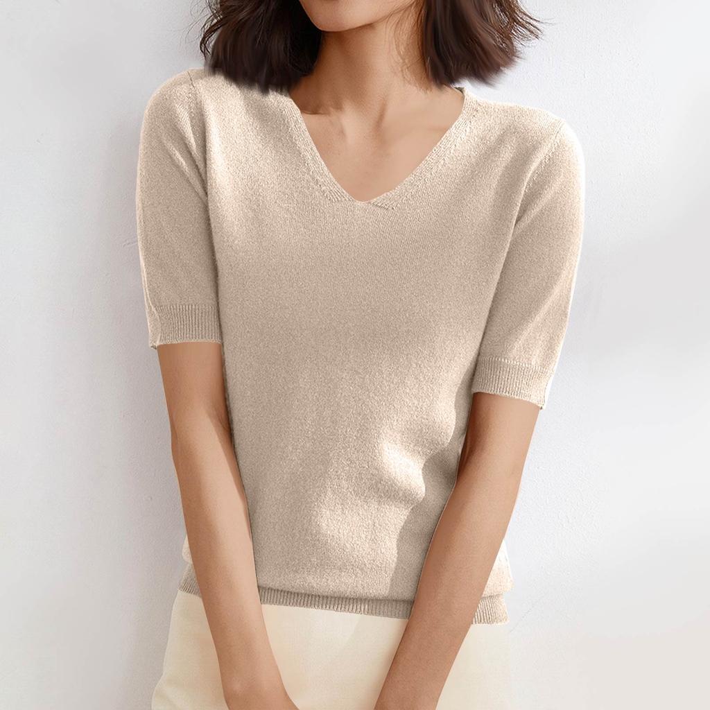 Women's Sweater T-Shirt Short Sleeve Knitted Tops Pullover V-Neck Sweater Lightweight Casual Color Sweater Elegant Spring Summer Tops