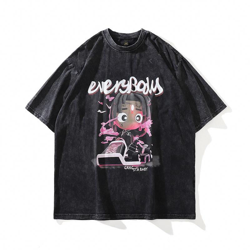 Washed And Old Small Neckline Short-Sleeved T-Shirt Men'S Harajuku Hiphop Retro Pure Cotton Heavy Trendy Brand Half-Sleeved Tee