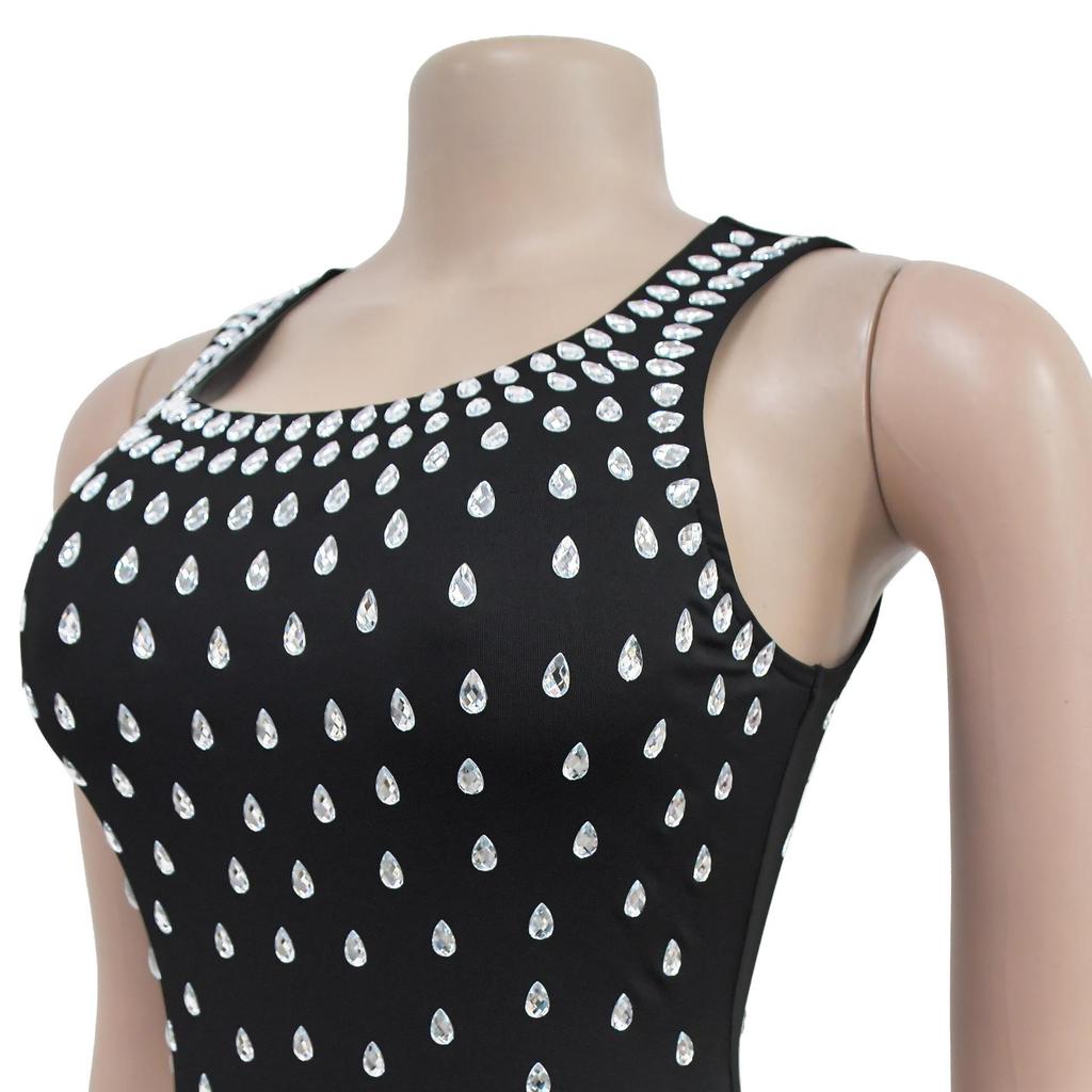 C7117 Fashion Women's Sleeveless U-neck Bodycon Dress with Hot Drilling, European and American Style.