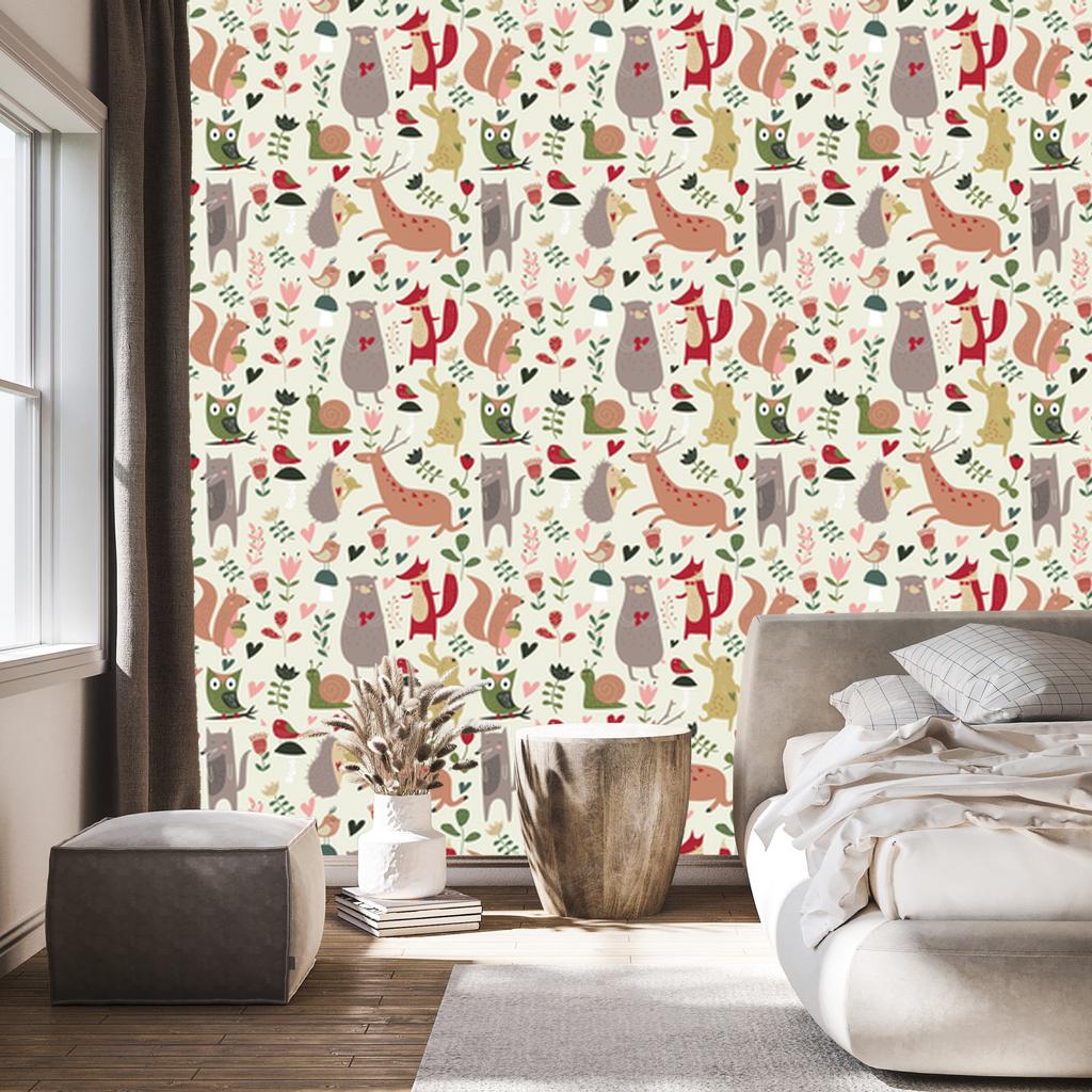 Forest animals and hearts wallpaper for living room and bedroom 50x1000
