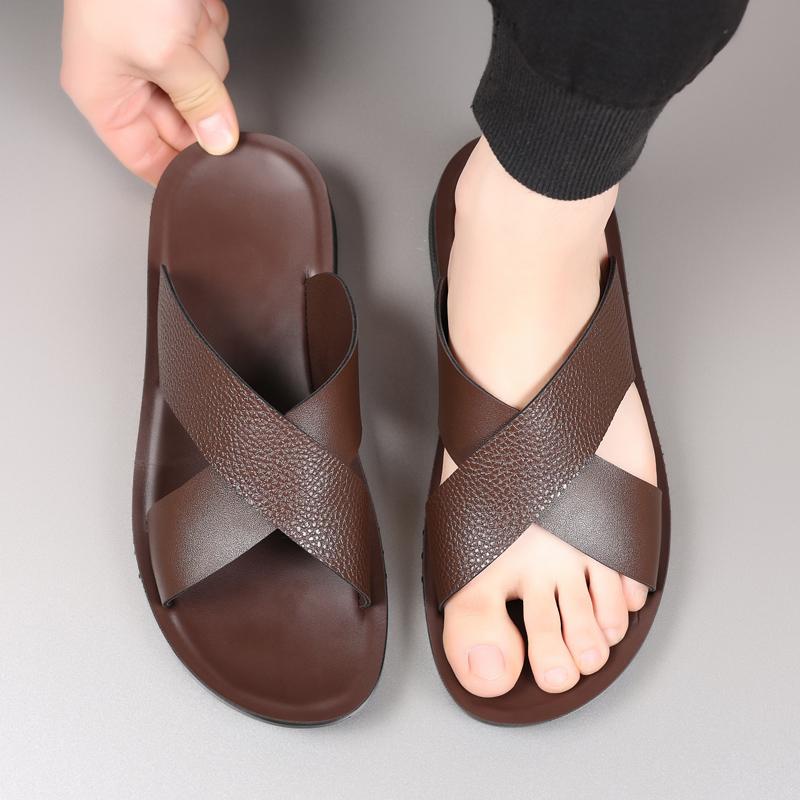 Fashion Comfort Artificial Leather Slippers for Men Casual Beach Shoes Flats Versatile Design Durable Quality Rubber Soft Sole Slippers