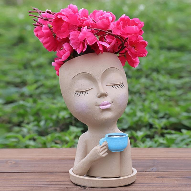 Coffee Girl Flower Vase Plant Pots Flowerpot Home Decorative Art Vase X3UC