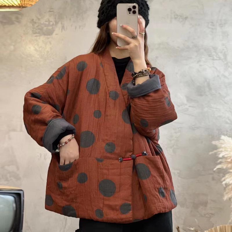 

Retro Cotton Linen Polka Dot Jacket - Ethnic V-Neck, Padded, Short Style for Autumn/Winter XL оранжевый/красный
