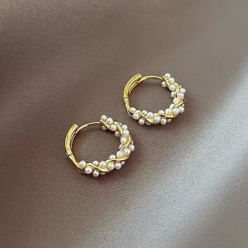 Silver needle same gold earrings women's light luxury high-end temperament pearl stud earrings retro new earrings