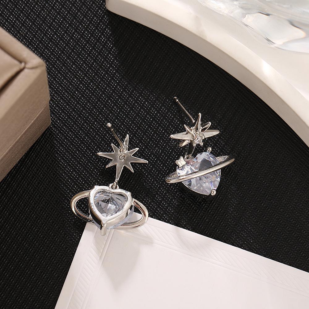 Elegant Eight-Pointed Star Zirconia Heart Stud Earrings: Luxury Geometric Dangle for Women - Japanese Korean Fashion.