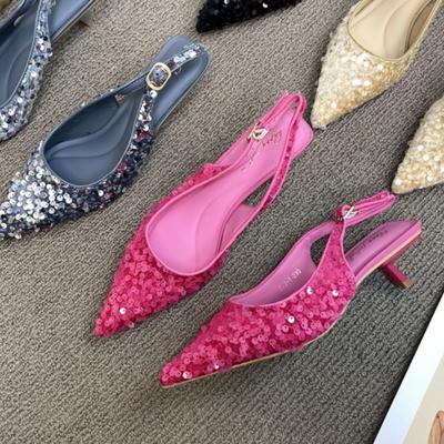 Baotou Sandals Fairy Shoes Spring Pointed Sequins Backstrap High Heel Versatile Women'S Sandals