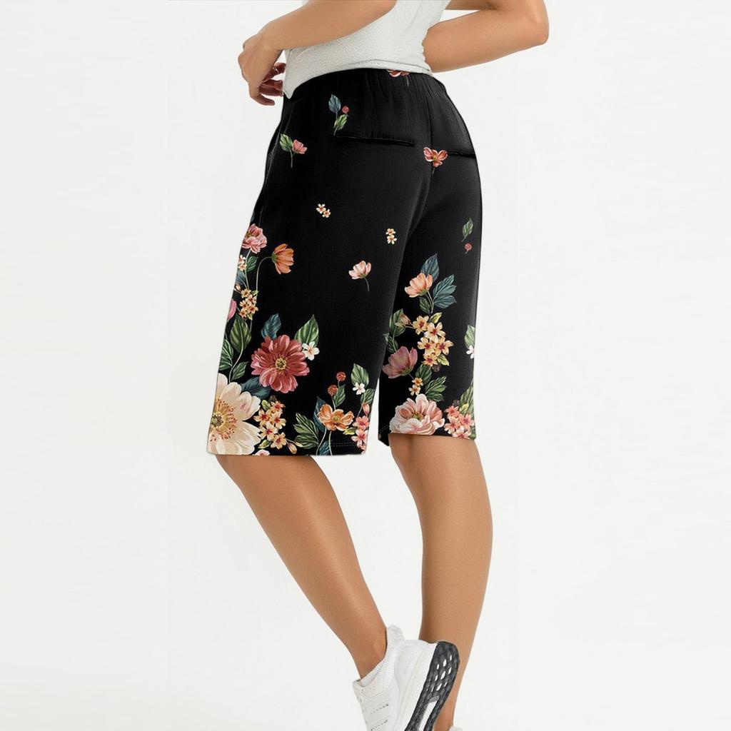 Women's Summer Fashion Retro Floral Polka Dot Print Knee Length Lightweight Elastic Waist Casual Pocket Shorts