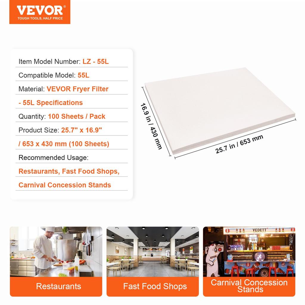 VEVOR Fryer Filter Paper, 100 Sheets, 25.7" x 16.9", Replacement Deep Fryer Filter Sheets for 55L Commercial Mobile Fryer Filter Machine