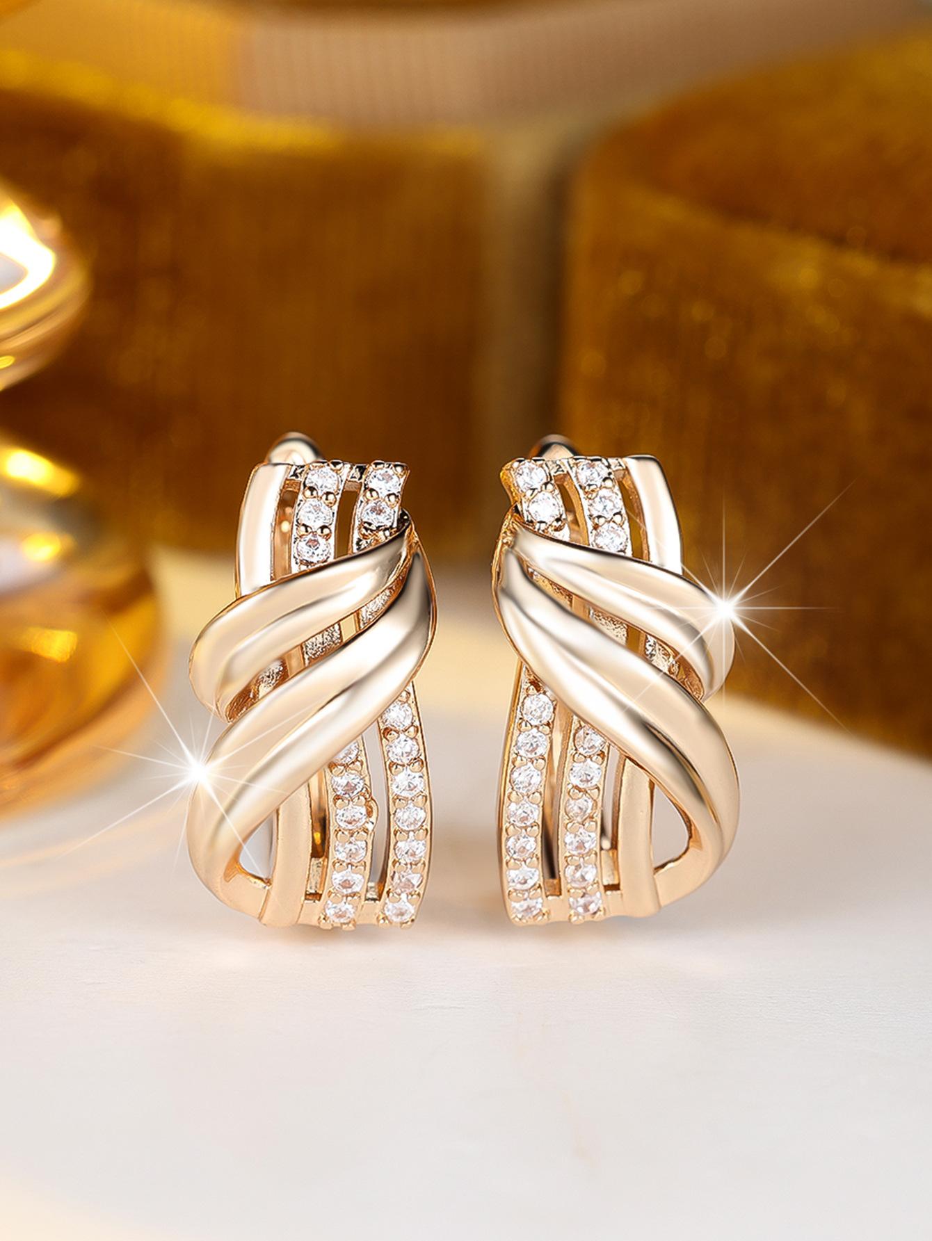 Multi-layer winding diamond-set gold cross zircon earrings, daily party earrings