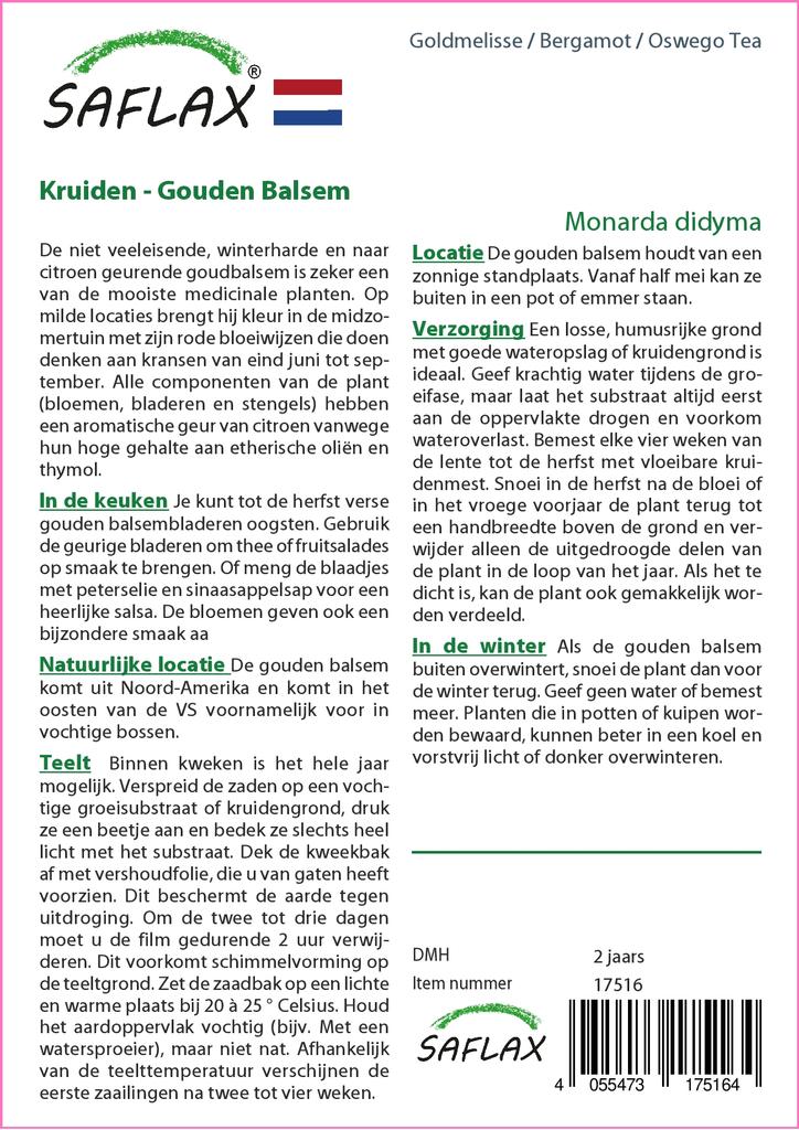 SAFLAX Garden In the Bag - Bergamot / Oswego Tea - 20 Seeds - With Substrate In a Fitting Stand Up Bag - Monarda Didyma