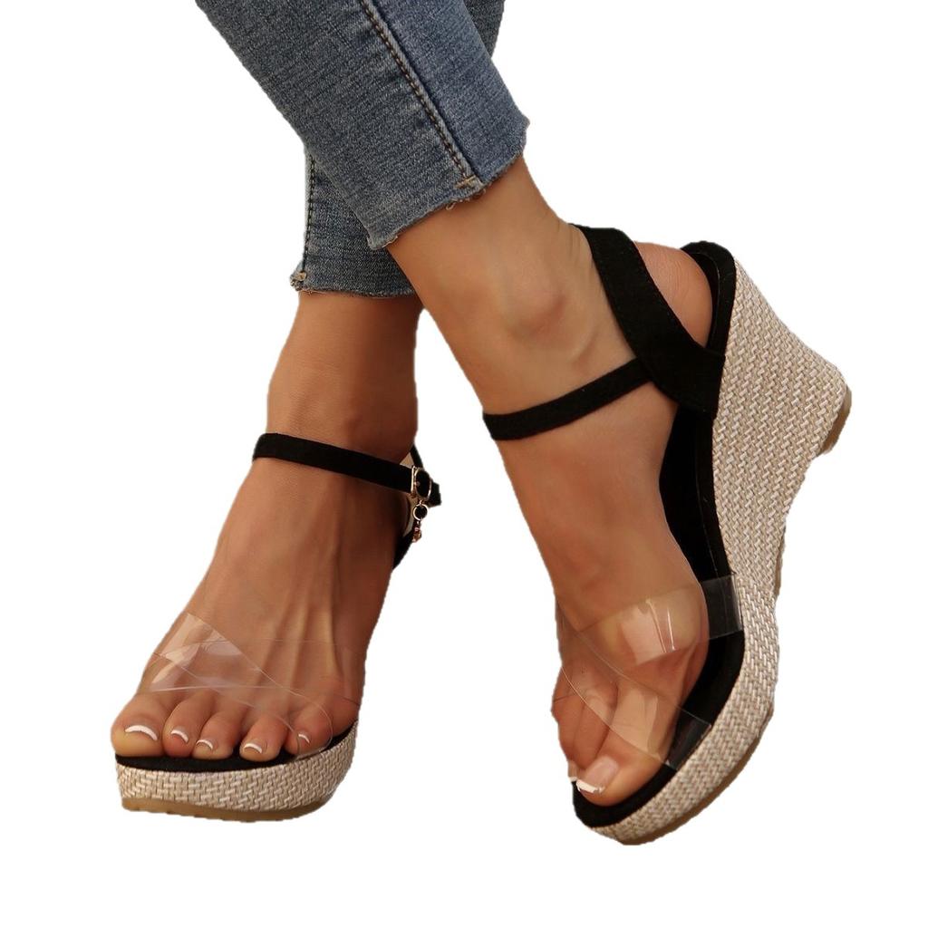 Summer 2025 muffin cross transparent belt sandals new women's European and American large size platform Roman sandals