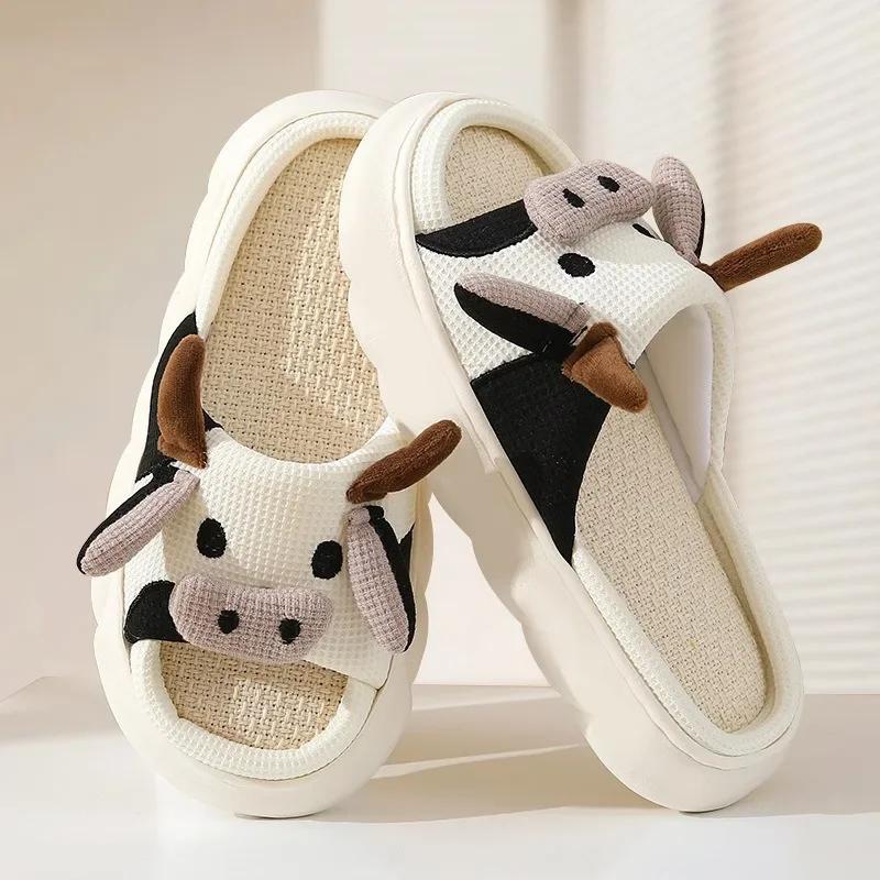 Fashion Women Cute Cartoon Cow Linen Slippers Spring Anti-slip Slides Couples Home Non-slip Flip Flops Casual Slip on Platform Slippers