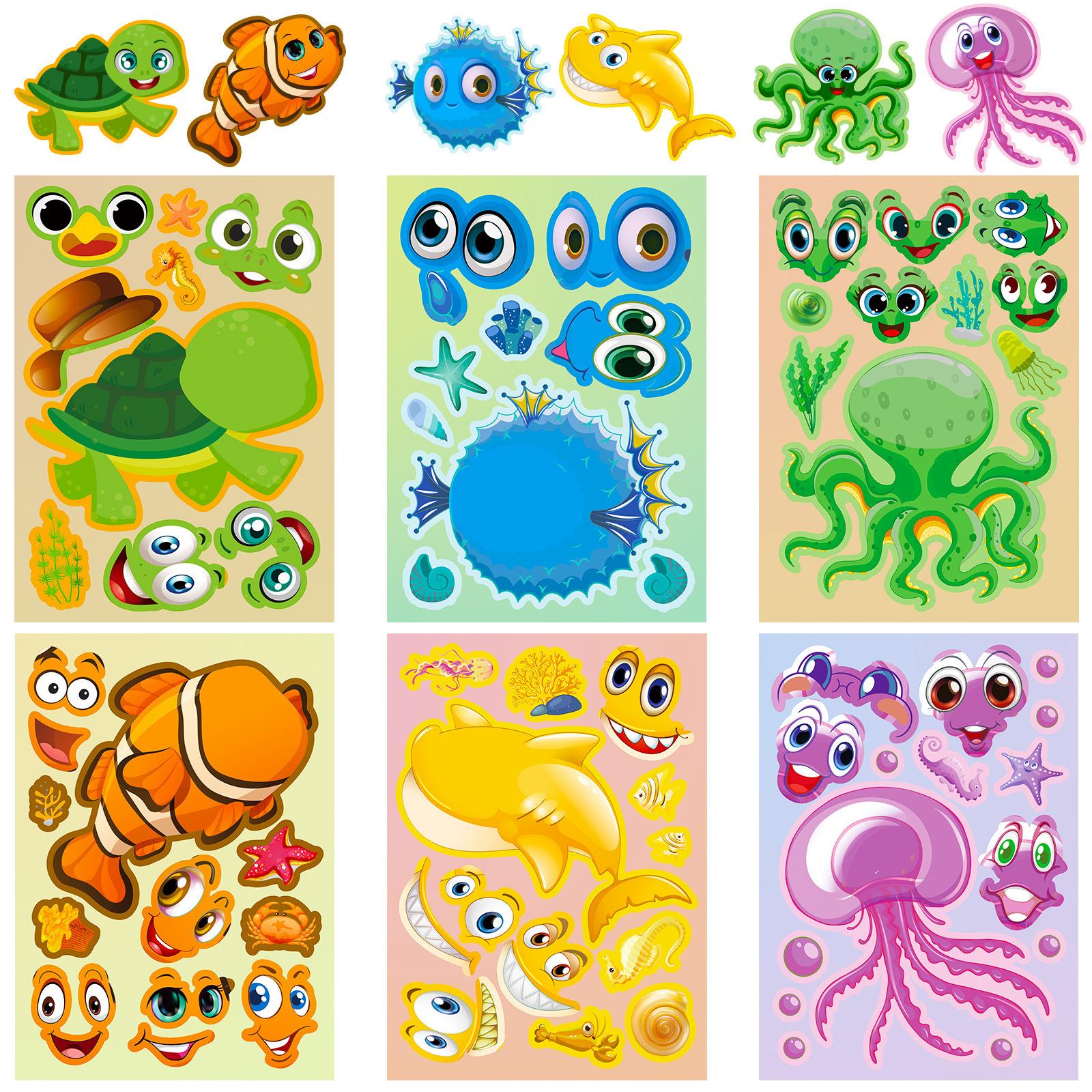 

6 упаковок медуз океан лицо чейнджер наклейки сделай сам детская награда мультфильм подводное существо головоломка лицо чейнджер