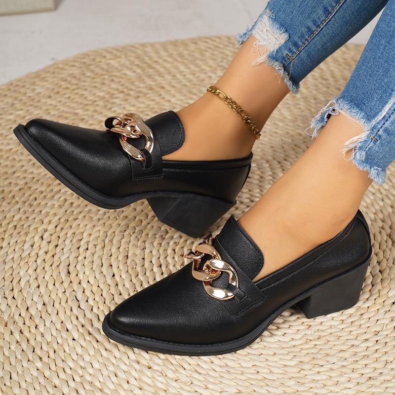 Metal Chain Block Heel Single Shoes Fashion Pointed Toe Deep Mouth Slip-On Heels
