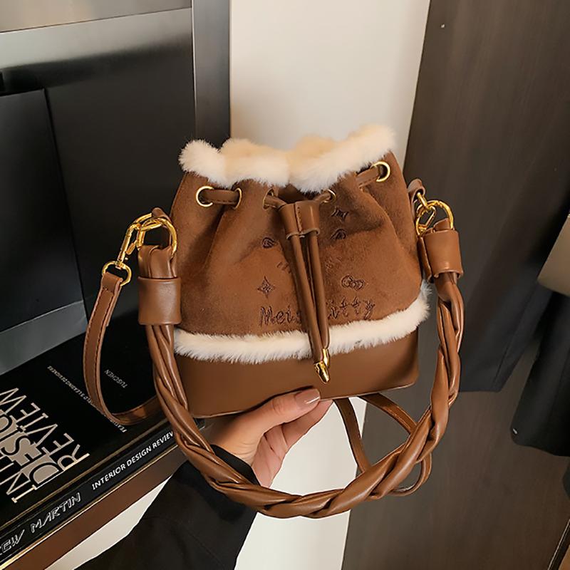 Letter Suede Bucket Bag for Women Autumn Winter New Lamb Wool Crossbody Bags Solid Color Versatile Mini Shoulder Pack