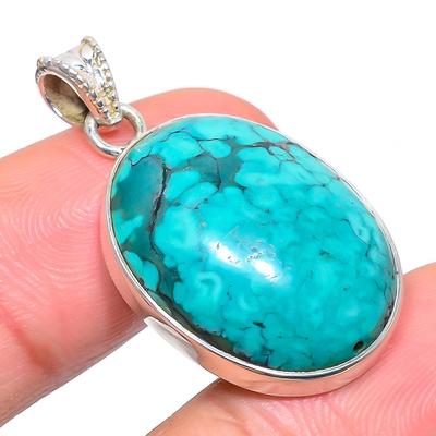 Natural Tibetan Turquoise Gemstone 925 Solid Sterling Silver Pendant 1.38" w9B07