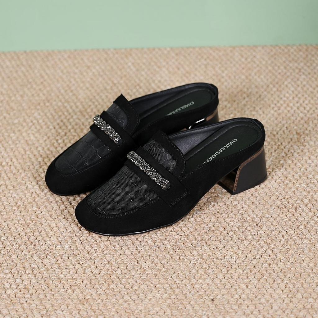 Round Toe Shoes for Women Medium Heel Rhinestone Sandals Soft Mesh Woman Slippers Stylish Small Size On Offer Summer 2025 Slides