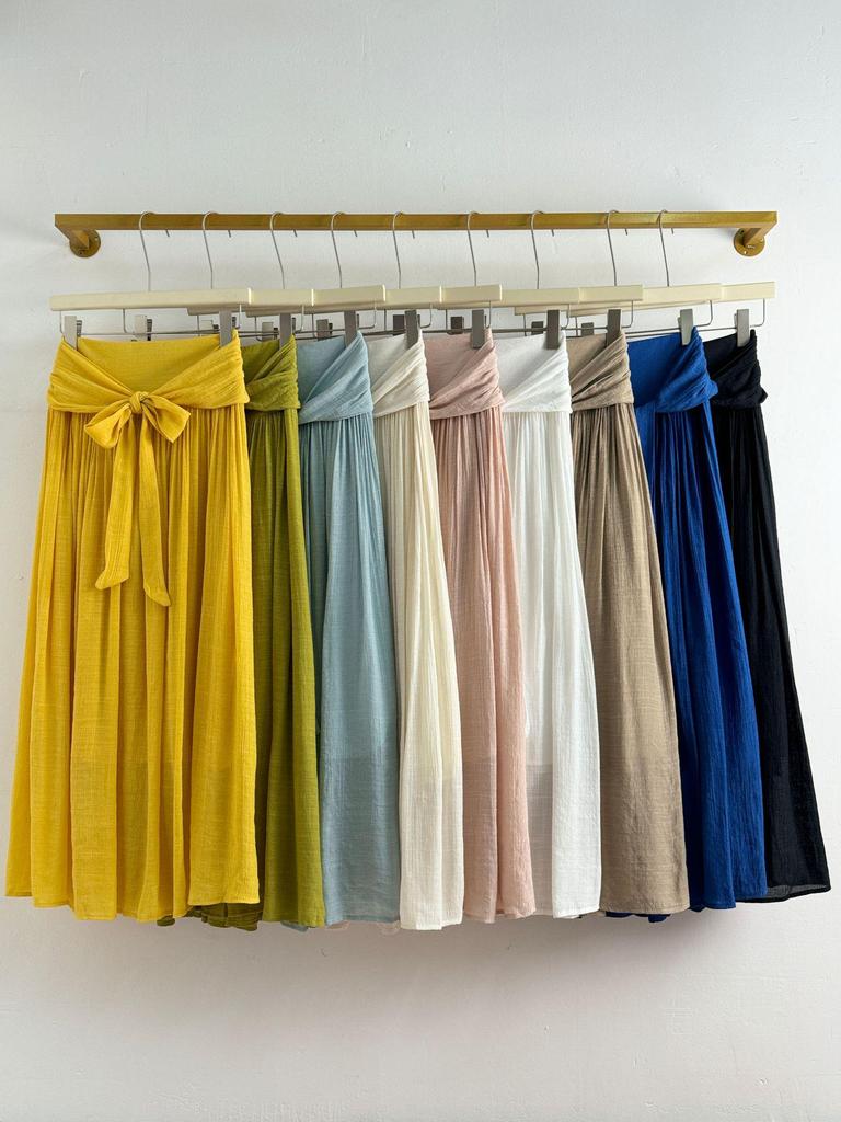 Damen Midi-Rock im Strandstil aus Baumwoll-Leinen mit Schnürung, A-Linie, mit Aquarell-Design