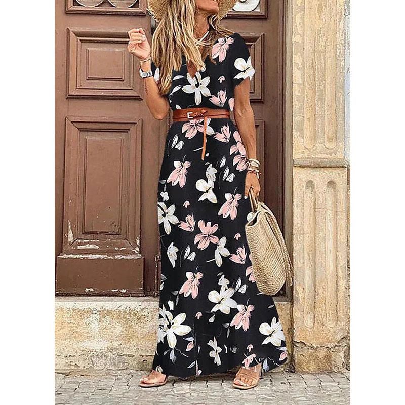 Kadınlar Casual Gevşek Bohem Çiçek Elbise Kısa Kollu Uzun Maxi Yaz Plaj askı elbise