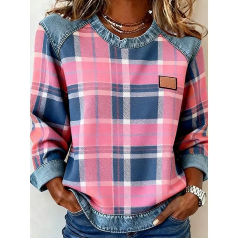 Felpa da Donna S Taglio Largo Patchwork a Quadri Girocollo Manica Lunga