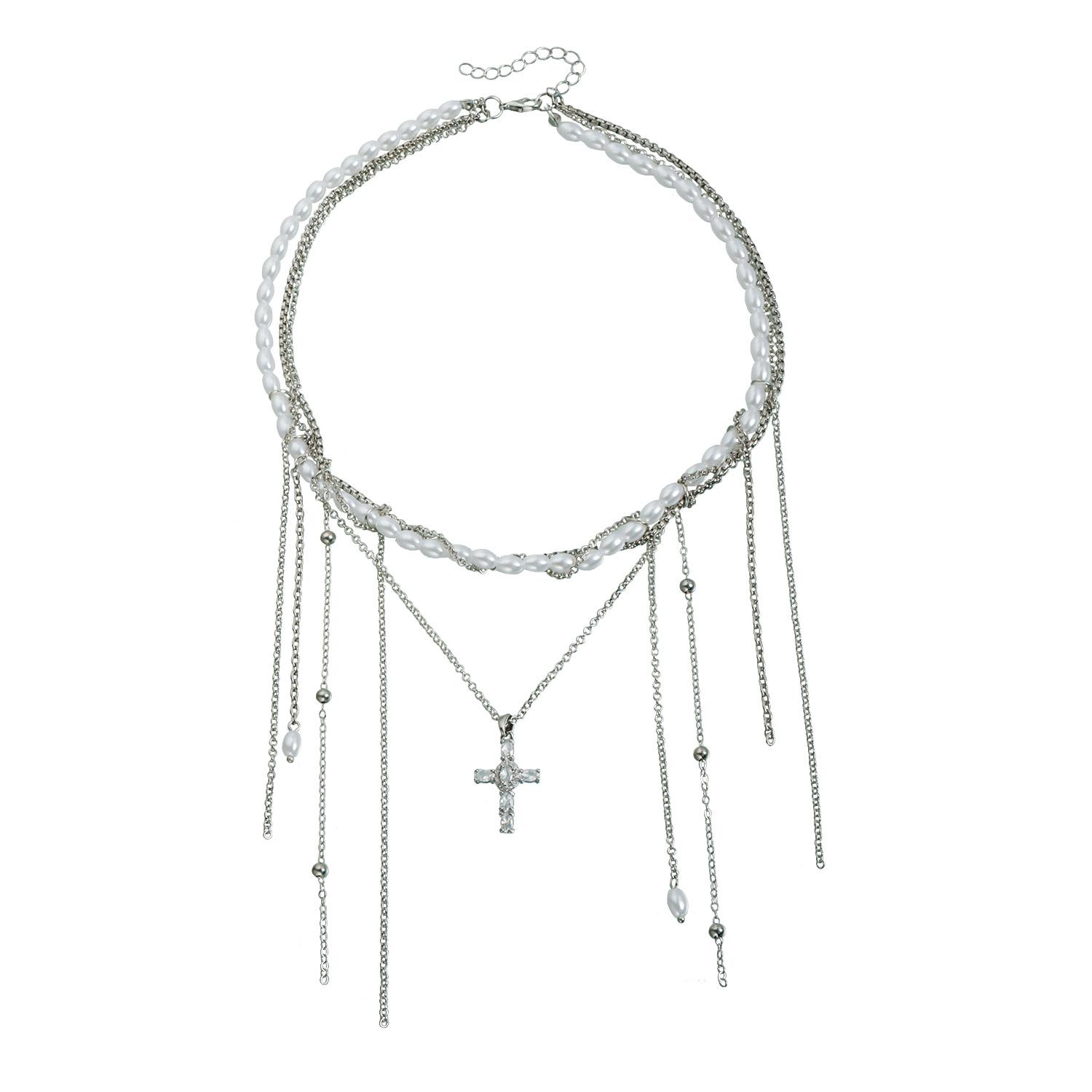 

Tassel Baroque Pearl Necklace ins Style Temperament Delicate Cross Necklace