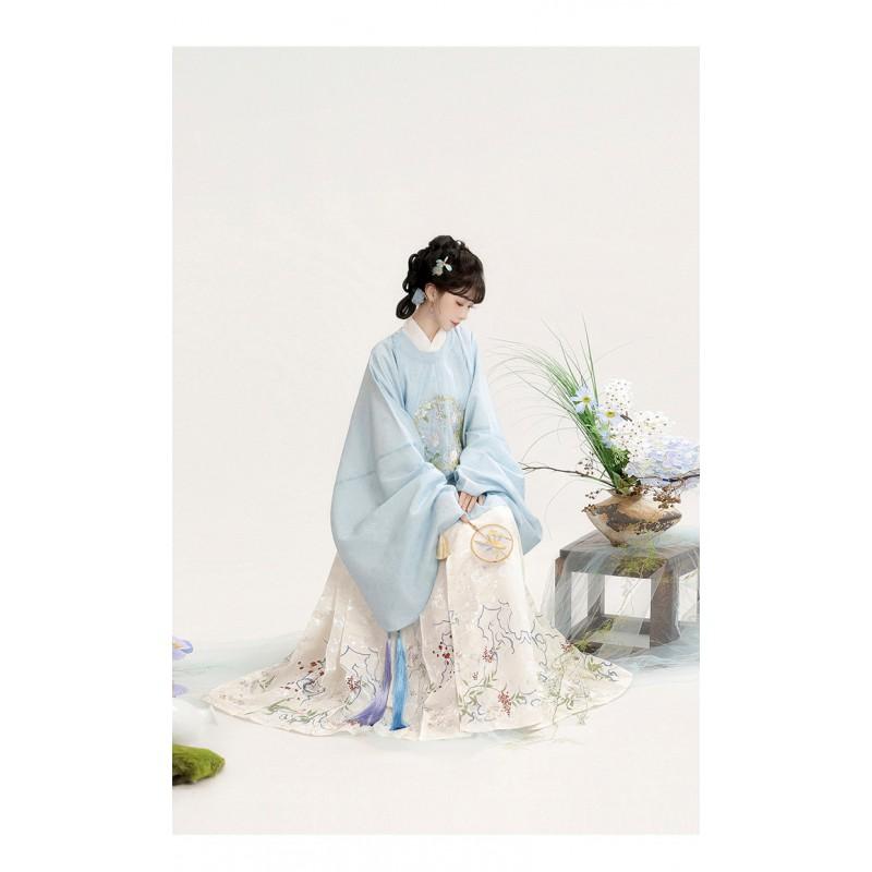 Womens Ming Dynasty Style Hanfu Set: Round Collar Top With Wide Sleeves Printed Skirt Embroidered Floral Design Four Season