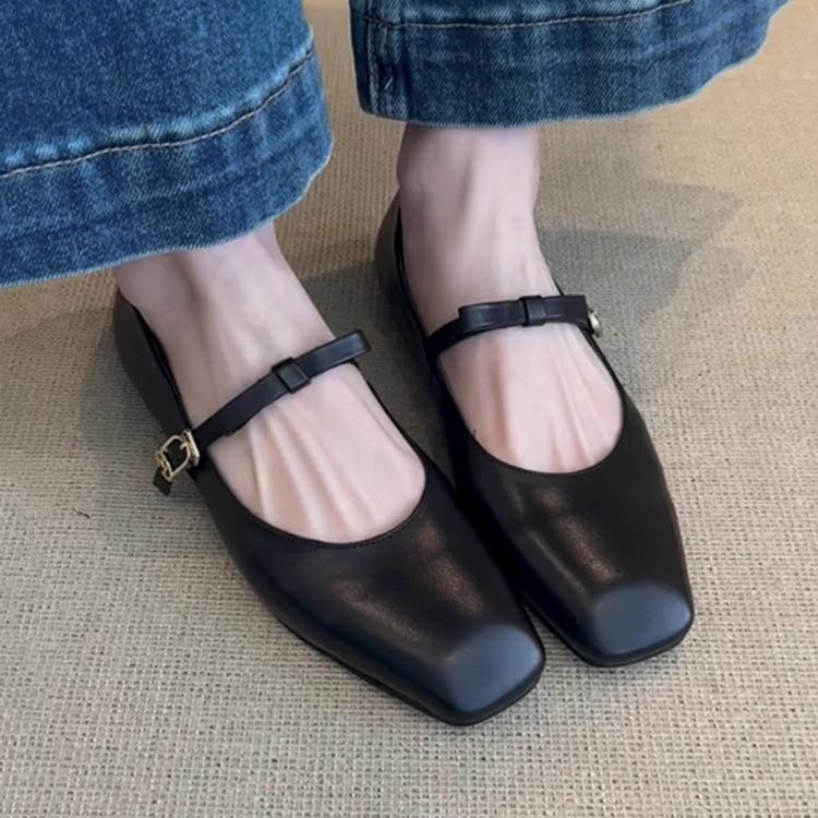 Sheepskin version~ Leather bow French word belt Mary Jane shoes women's retro flat ballet single shoes evening shoes