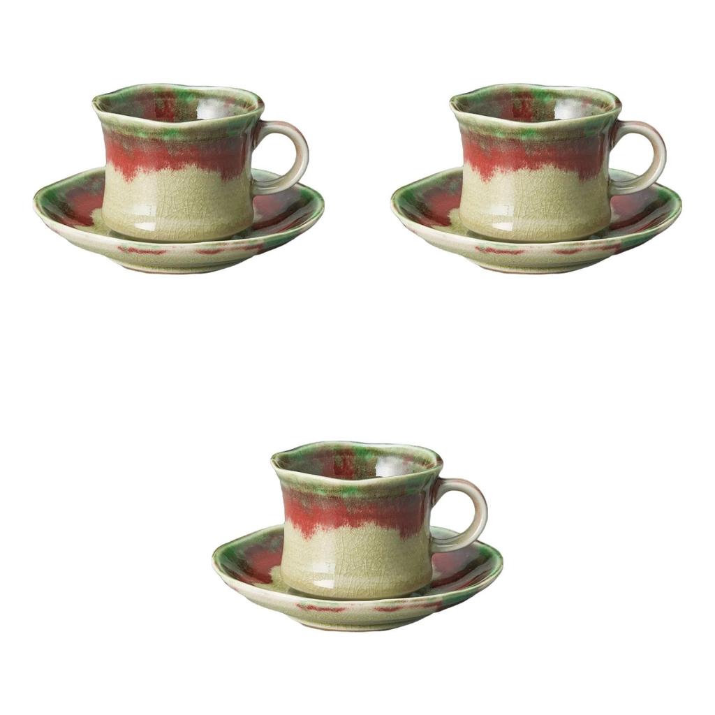 Set of 3 Cinnabar Coffee Cups and Saucers x cm Cups Saucers Setomonohonpo [8.6 7.2 (190cc)] &