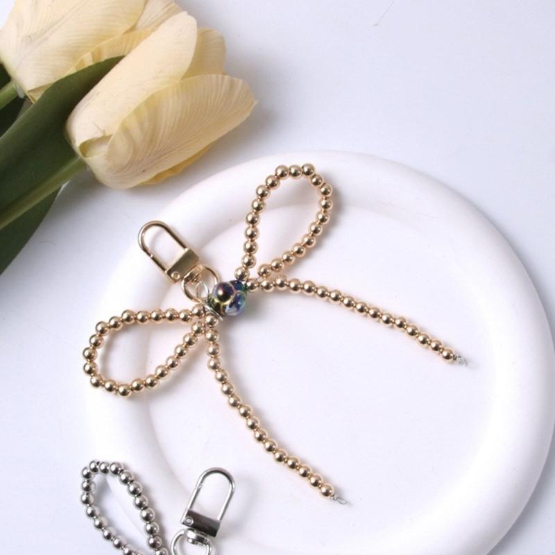 Fashion Beaded Bowknot Charm Keychains Sweet Cool Pendant Ornament Keyring Backpack Decoration Jewelry for Women Girls